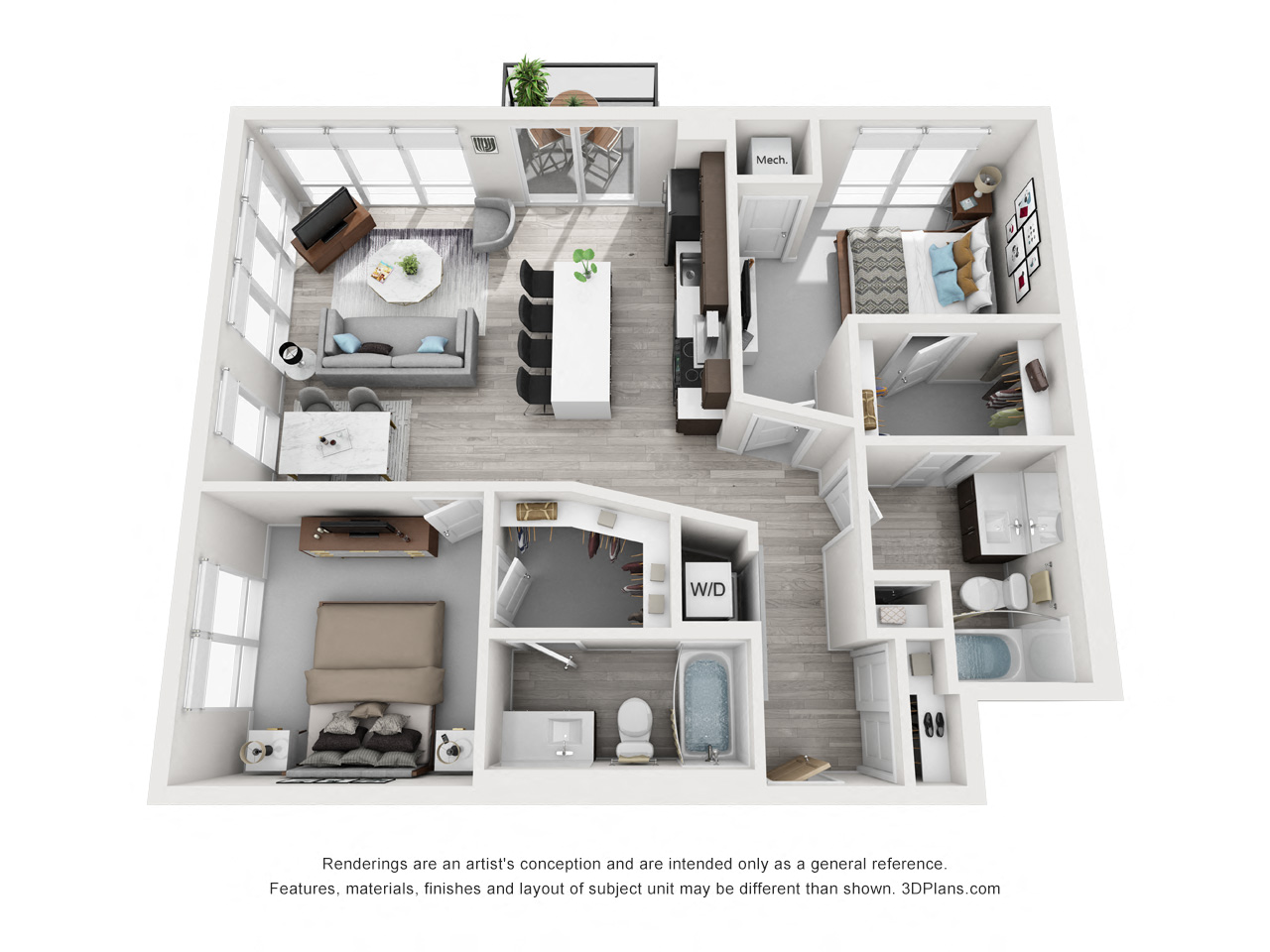 Floor plan for 2 beds, 2 baths, 1030 sqft